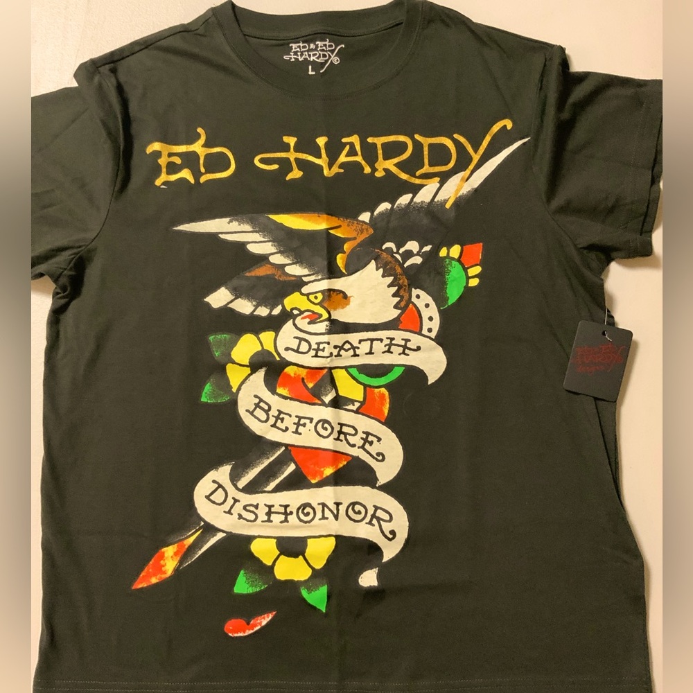 Ed Hardy Black Short-Sleeve Graphic Tee with Multi-Color Tattoo Print
